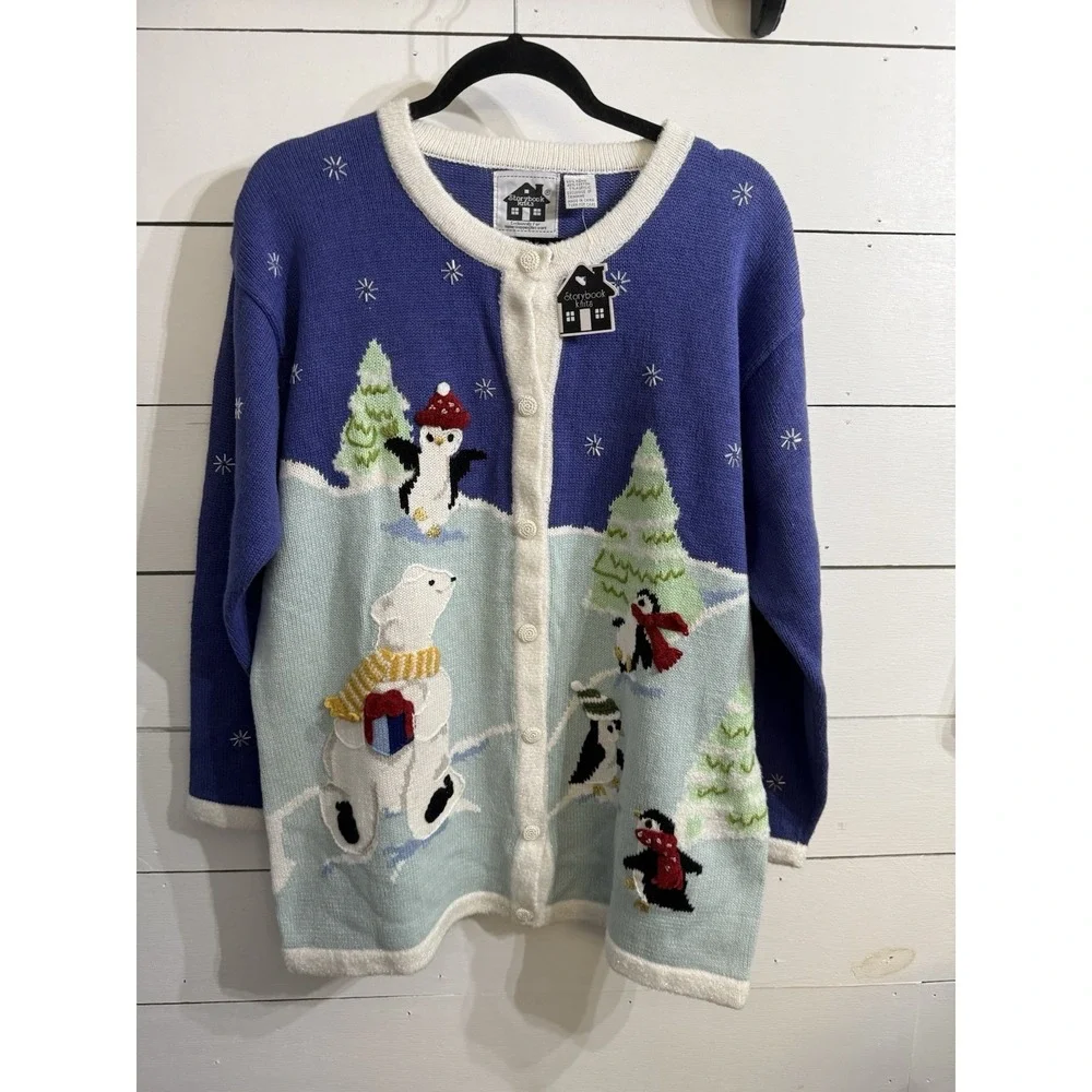 NWT Storybook Knits Winter Polar Bear Penguin Theme Knit Button Up Sweater Large